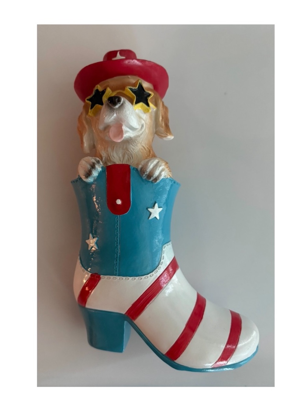 Patriotic nwt Dog in Cowboy Boot Figurine - Red White Blue approx 6.5 x 10”